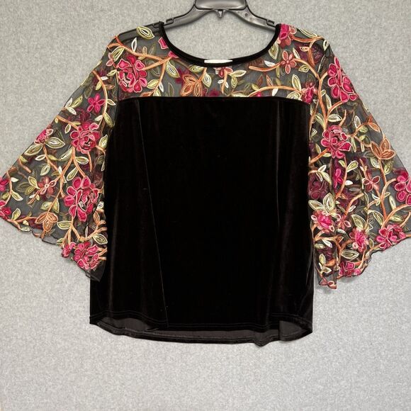 Weekend Suzanne Betro Top 4X Black Velvet Sheer Floral Embroider Bell Sleeve - Picture 1 of 11